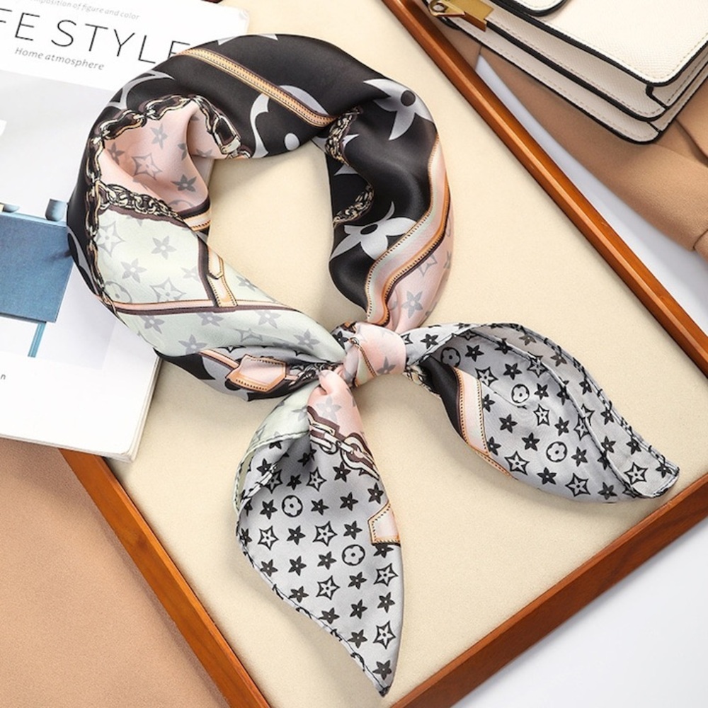 Designer Monogram & Chain Print Silk-Feel Square Scarf